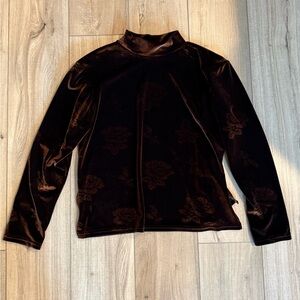 Jaipur Y2K Velvet Floral Print Brown Mock Neck Long Sleeve Blouse